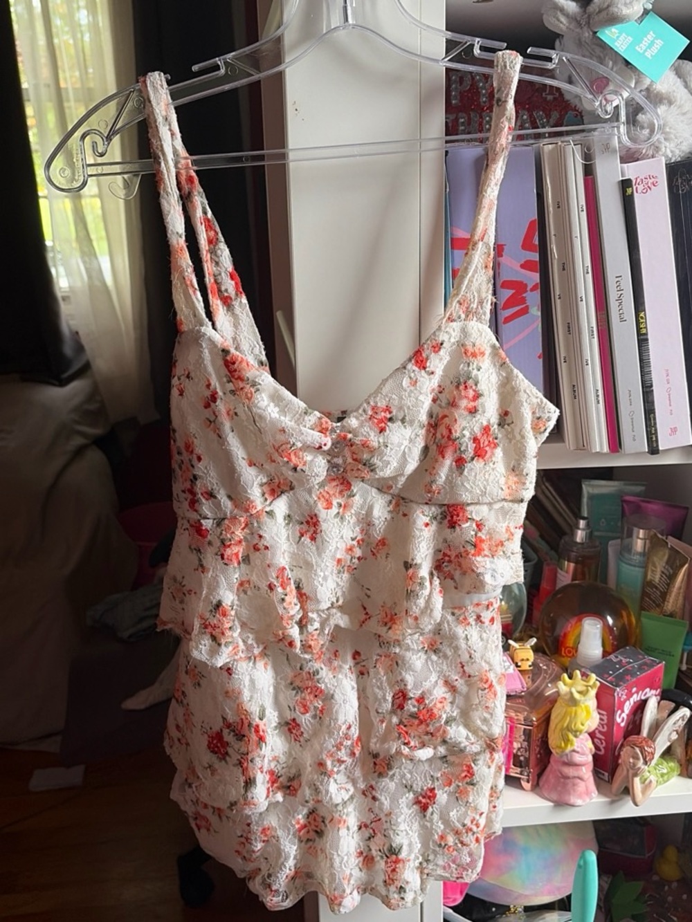 Dots White Floral Ruffle Cami with Coral Accents
